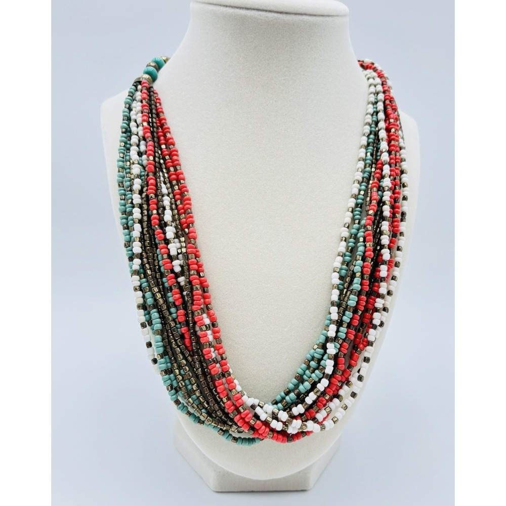 Napier Multi Strand Beaded Necklace Red Turquoise White Seed Bead Boho